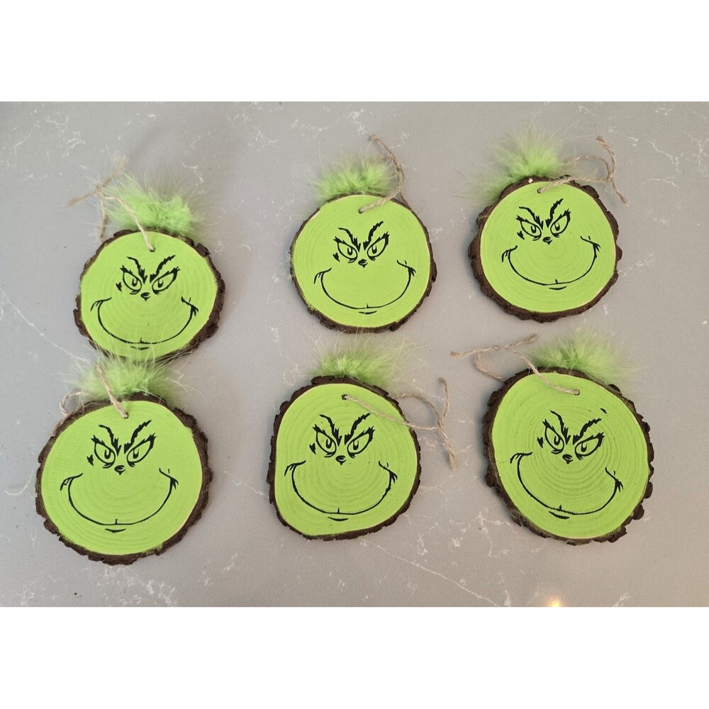 Grinch Face Hand Painted Wood Round Christmas Ornaments Set of 6 Green Black